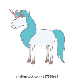 white background with cartoon unicorn standing with long blue mane vector illustration