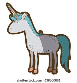 white background with cartoon unicorn standing and thick contour vector illustration