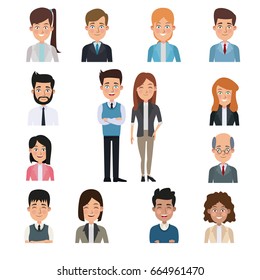 white background in center full body pair executive with half body people business around