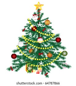 white background, Christmas tree with ornaments and gifts
