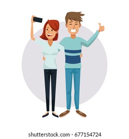 white background and circle lilac with couple embraced and she taking a selfie