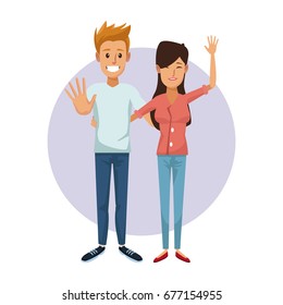 white background and circle lilac with couple embraced and waving hand