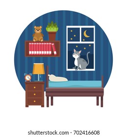 white background with circular colorful scene boys bedroom in the night