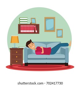 white background with circular colorful scene man sleep in sofa on the living room