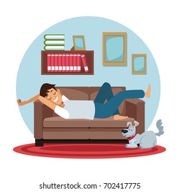 white background with circular colorful scene man sleep in sofa with dog pet