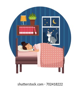 white background with circular colorful scene girl sleep with blanket in bedroom