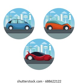 white background with circular frame futuristic city landscape with colorful set of sport and modern cars inside