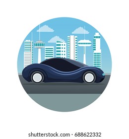 white background with circular frame futuristic city landscape silhouette with colorful sport dark blue modern car