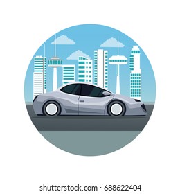 white background with circular frame futuristic city landscape silhouette with colorful modern gray car vehicle