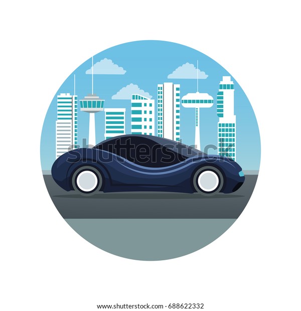 white background\
with circular frame futuristic city landscape silhouette with\
colorful sport dark blue modern\
car