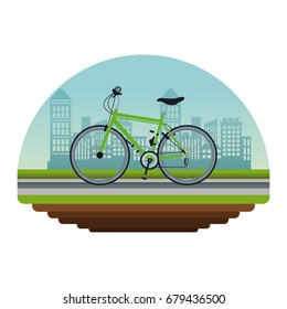 white background circular irregular frame with color scene city landscape with bicycle vehicle transport in street