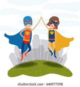 white background city landscape with superhero male and femalen couple flying vector illustration