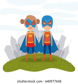 white background city landscape with superhero woman and man couple in grass vector illustration