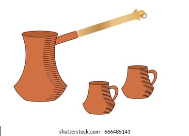 White background with a coffeepot and two cups. Vector illustration.