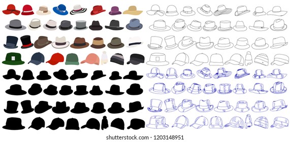 white background, collection set of caps for men and women