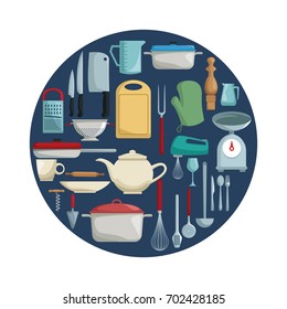 white background with color circular border with different elements kitchen inside