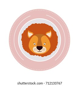 white background with color frame decorative and face lion cute animal vector illustration