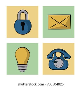 white background with color frames with icons of padlock and mail and light bulb and old phone
