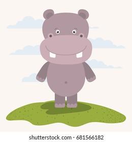 white background with color scene cute hippopotamus animal in grass vector illustration