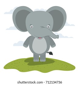 white background with color scene cute elephant animal in grass vector illustration