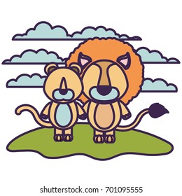 white background with color scene faceless couple cute lion and lioness animals in grass vector illustration
