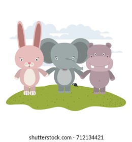 white background with color scene rabbit elephant and hippopotamus cute animals holding hands in grass vector illustration