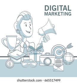 white background with color sections of businessman holding megaphone and elements digital marketing