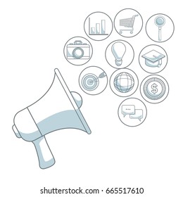 white background with color sections of closeup megaphone of diffusion icons digital marketing
