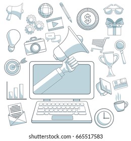 white background color sections digital marketing icons with laptop device with hand holding a megaphone