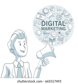 white background with color sections of executive man and circular frame with icons digital marketing