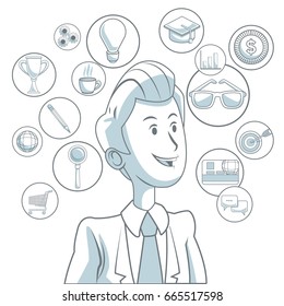 white background with color sections of executive man and icons digital marketing