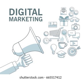 white background with color sections of hand holding megaphone of diffusion icons digital marketing text