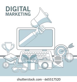 white background with color sections of laptop device with hand holding a megaphone and elements digital marketing