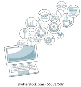 white background with color sections of laptop device with bubbles icons digital marketing