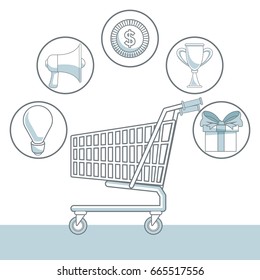 white background with color sections of shopping cart and icons element marketing