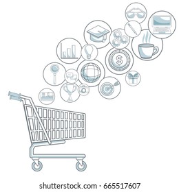 white background with color sections of shopping cart with bubbles icons digital marketing