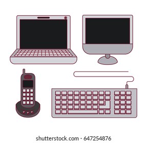 white background with color silhouette computer and phone office tech vector illustration