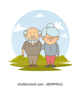 white background with color silhouette landscape with asian elderly couple