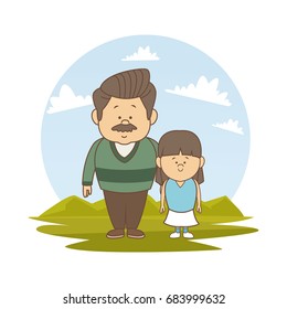 white background with color silhouette landscape with bearded father and girl