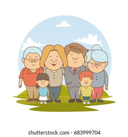 white background with color silhouette landscape with big family blonded mom executive dad and little boy with grandparents