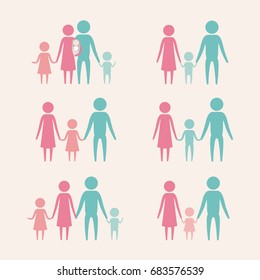 white background with color silhouette set pictogram generations parents and children vector illustration