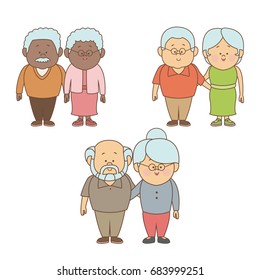 white background with color silhouette set people elderly couple embraced