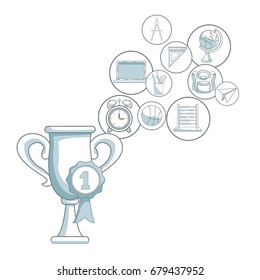 white background with color silhouette shading of cup trophy and label prize number one and circular icons elements academic floating