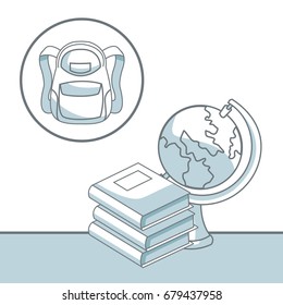 white background with color silhouette shading of stack books with earth globe and school briefcase