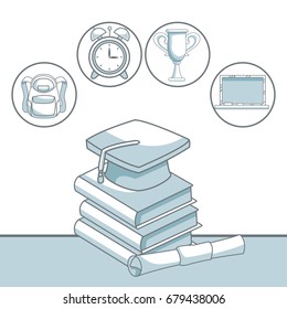 white background with color silhouette shading of stack book with graduation cap and certificated with icons elements academic