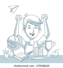 white background with color silhouette shading of boy student happiness expression and school elements
