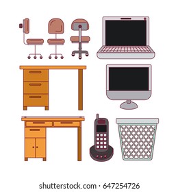 white background with color silhouette tech elements and office desk set vector illustration