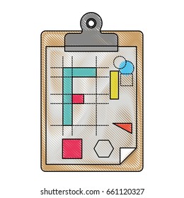 white background with colored crayon silhouette of table notepad with sheet and geometric design vector illustration
