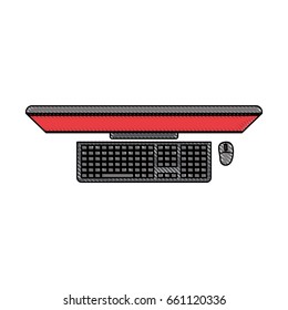 white background with colored crayon silhouette of desktop computer in top view vector illustration