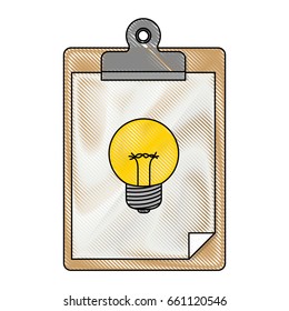 white background with colored crayon silhouette of table notepad with sheet and graphic of light bulb vector illustration